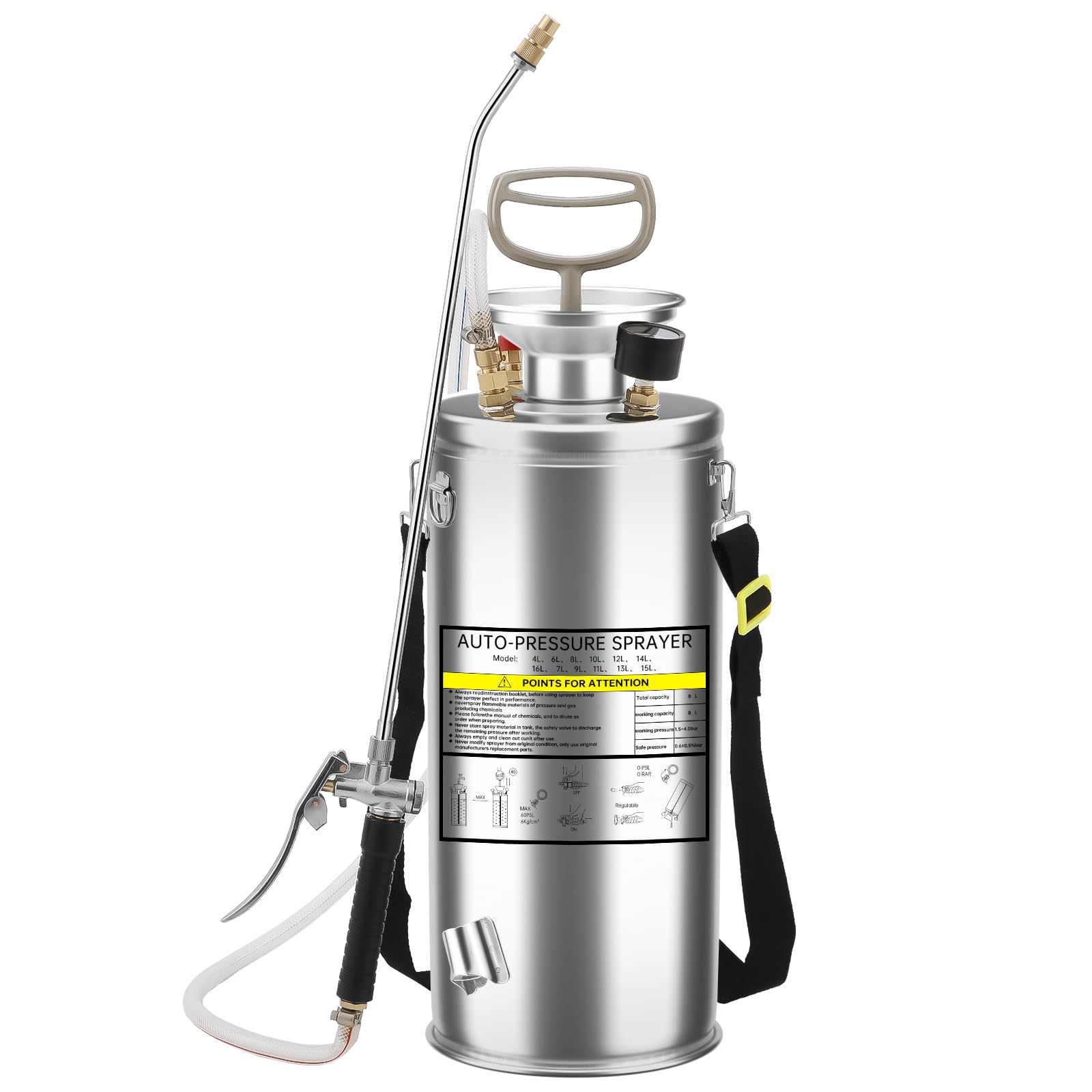 Pulverizador a Presión de Acero Inoxidable de 8 litros, Pulverizador de Jardín de Bomba Manual con Manómetro, Boquilla Ajustable,Hierbas para Césped, Jardinería y Desinfección