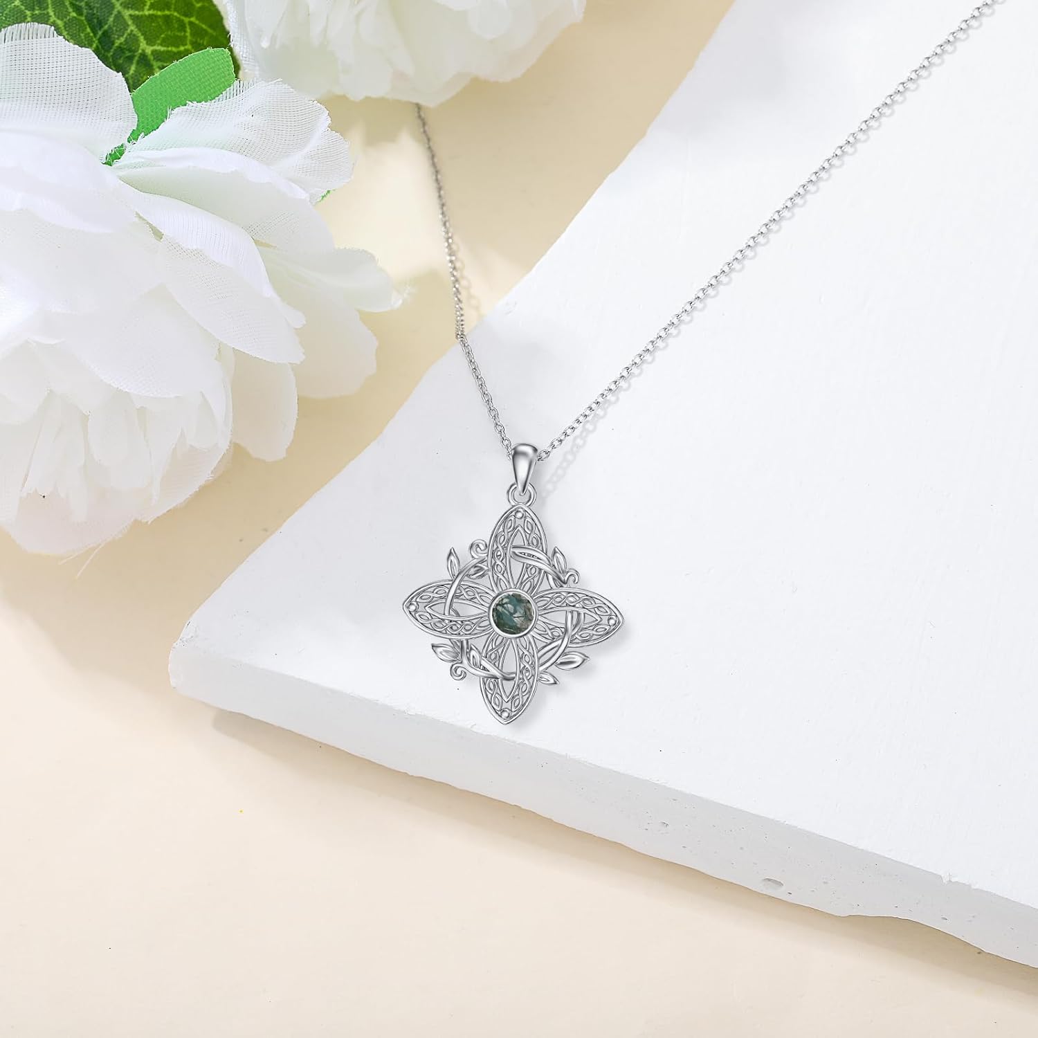 LONAGO Witches Knot Moss Agate Necklace 925 Sterling Silver Original Protection Witch Celtic Knot Pendant Necklaces Wiccan Witchy Pagan Jewelry for Women