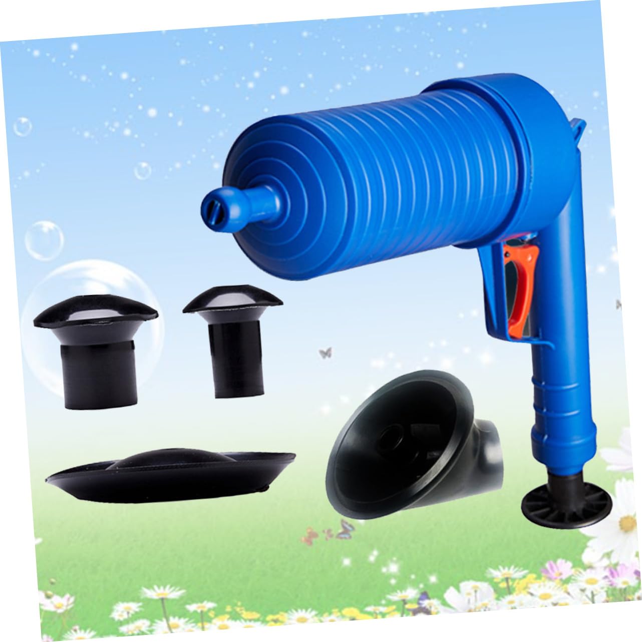Déboucheur à Air Comprimé avec Ventouse et Brosse Kit pour Nettoyage de Canalisations Toilettes et Évier Bleu