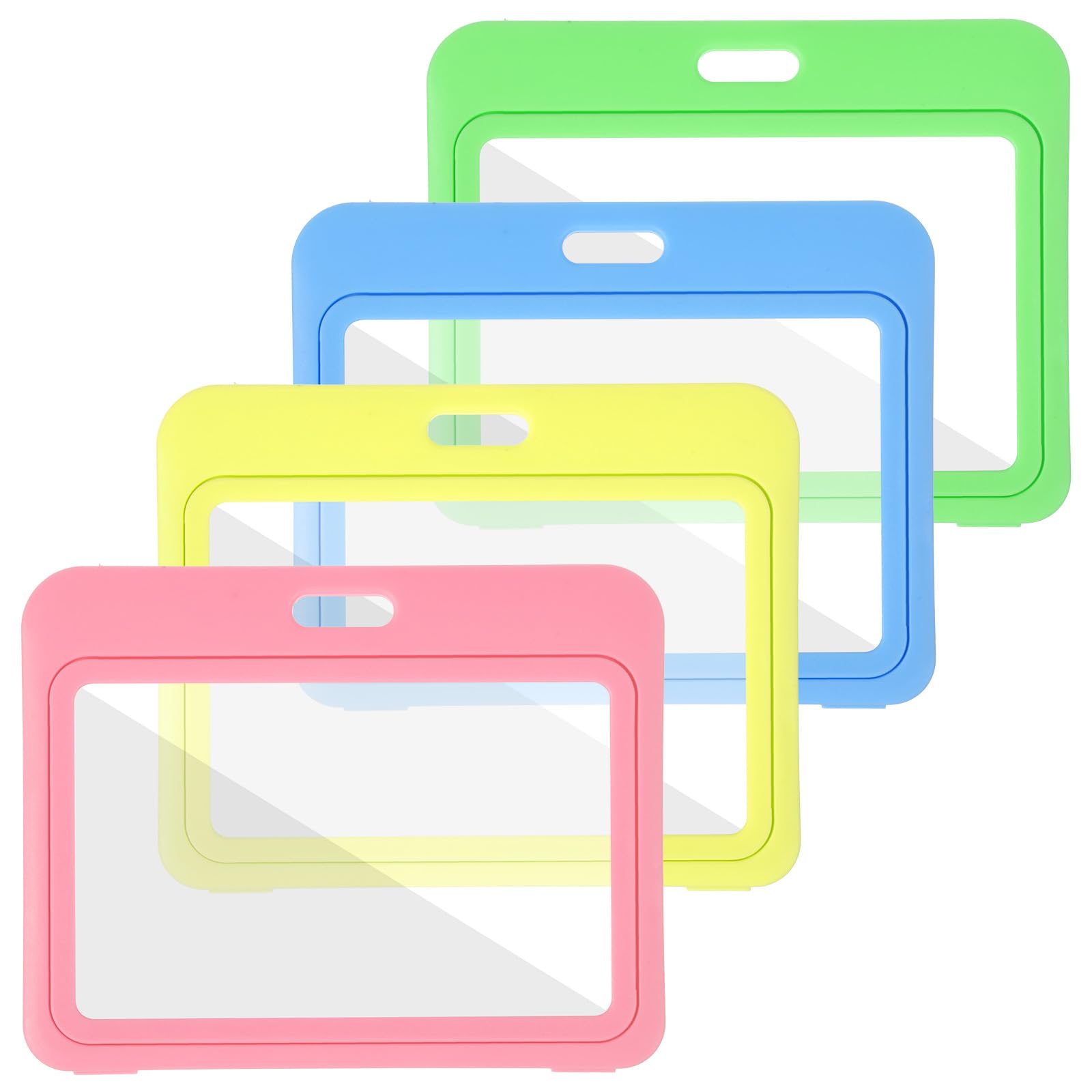 4 Pack Horizontal ID Badge Holder, Double Sided Transparent Horizontal Badge Holder Waterproof Hard Plastic Card Protector for Office School ID Credit Cards Proximity Key Cards