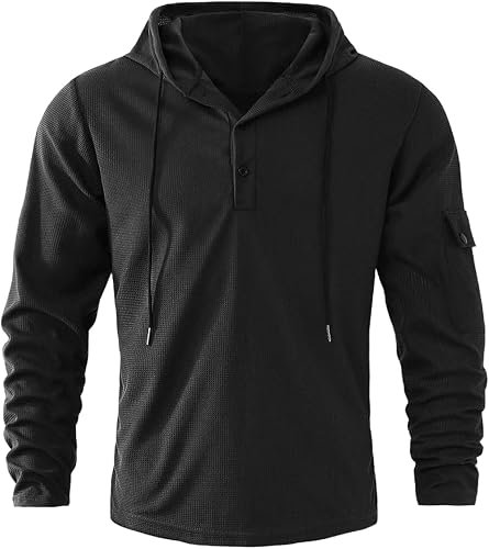Men's Waffle Knit Henley Hoodie Muscle Fit Pullover Sweatshirt With Pockets