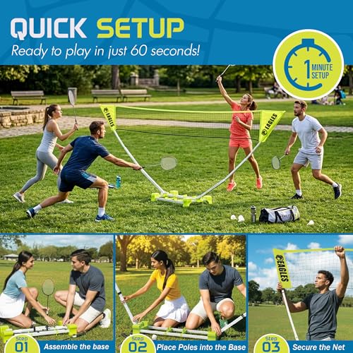 Image of Complete Portable Badminton Set Large - Quick & Easy Setup - 4 Rackets 2 Birdies Shuttlecock 1 Net & Badmington Pole Frame for Backyard Park & Beach Games Indoor Outdoor Sports Equipment Family Fun