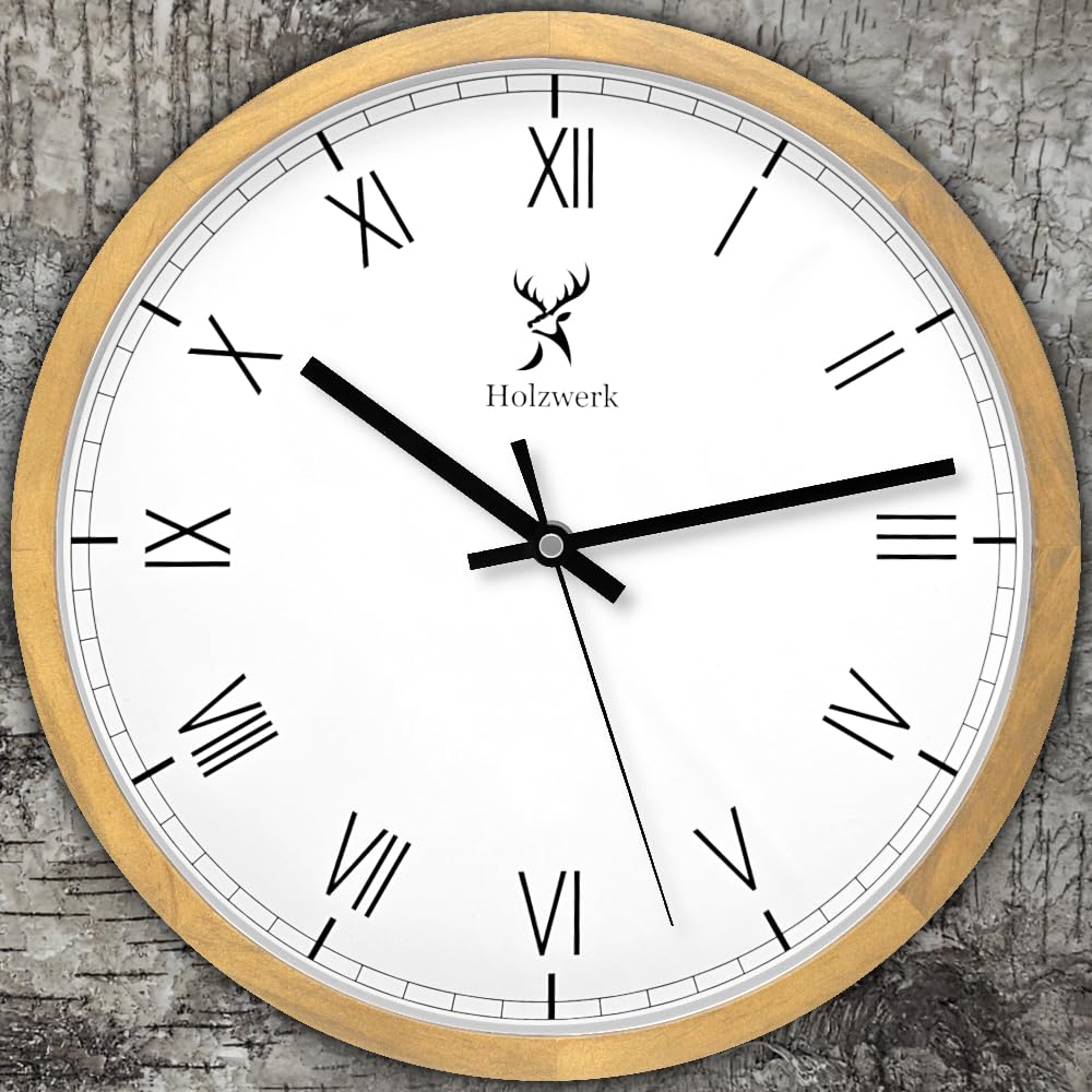 Holzwerk Germany Natur Holz Wanduhr Holz-Uhr Vintage lautloses Uhrwerk ohne Tickgeräusche römische Ziffern Braun Weiß lautlos aus handgefertigtem Massivholz Natur 30 cm (Römisch.Buche)