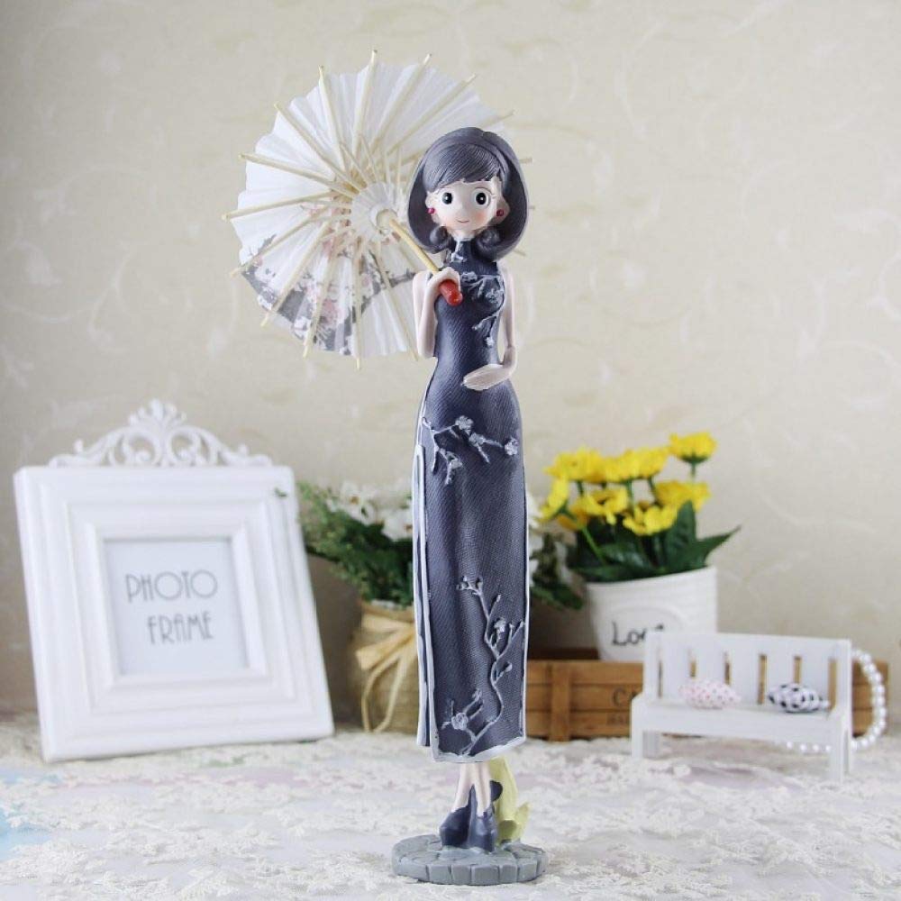 Statue fille en cheongsam bleu, figurine mignonne pour égayer un bureau