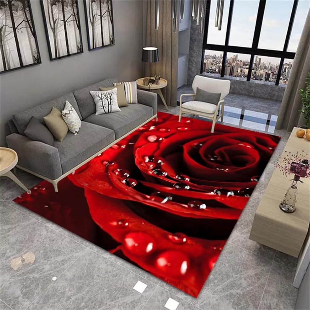 Tapis pour fille à motif de fleurs 3D rouge et arc-en-ciel