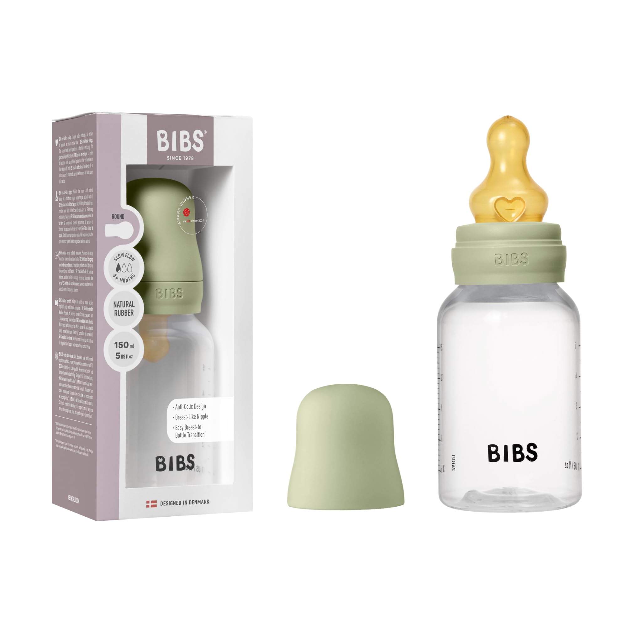 BIBS Baby Bottle 5 oz / 150 ml Natural Rubber Latex Nipple - Anti-Colic, BPA-Free, Round Nipple, Slow Flow, Lightweight & Easy to Clean, Suitable for
