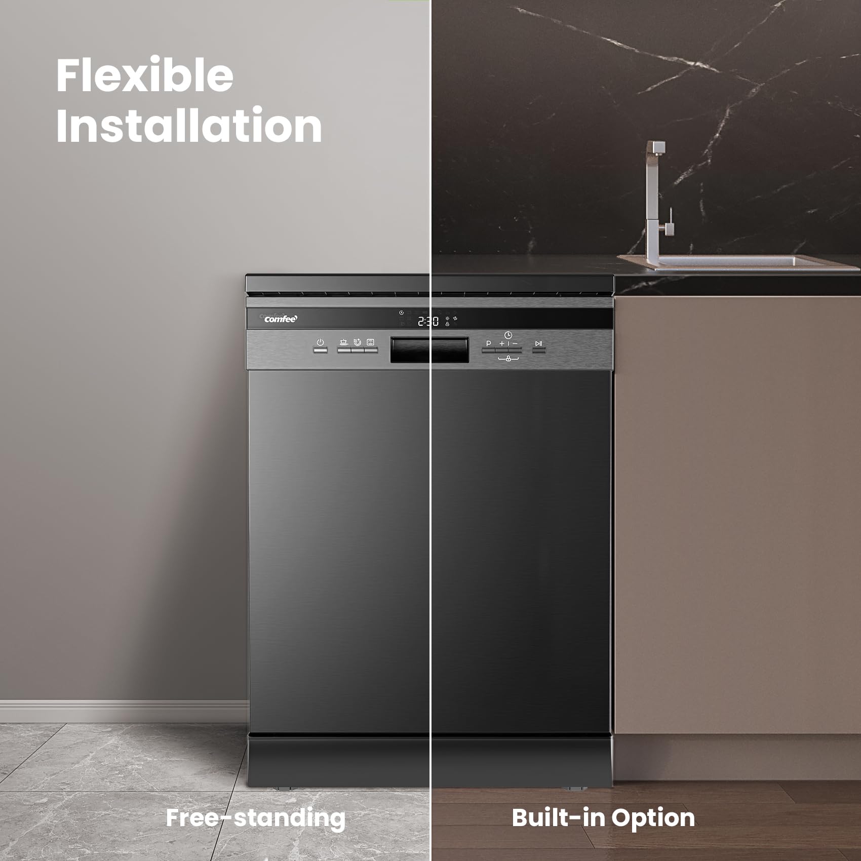 COMFEE' Freestanding Dishwasher with 14 Place Settings, 44dB Quiet Full Size Dishwashers, CDWEF1435EBC-UK, ECO Wash, Auto Open Drying, Half Load, Delay Start, Wide LED Display, Black — view 7