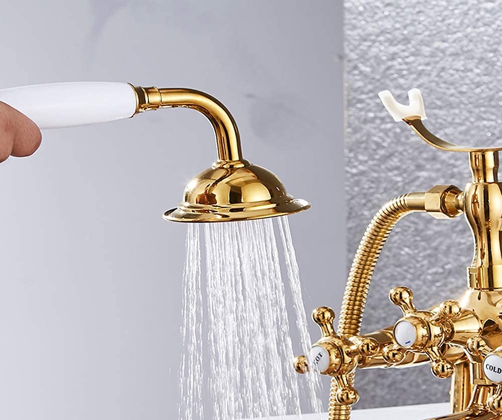 Grifos de Baño, Juego de Ducha Galvanizado, Ducha de Mano, 2 Funciones, Mezclador de Latón, Instalación en Cubierta, Doble Manija, Lateral de Bañera