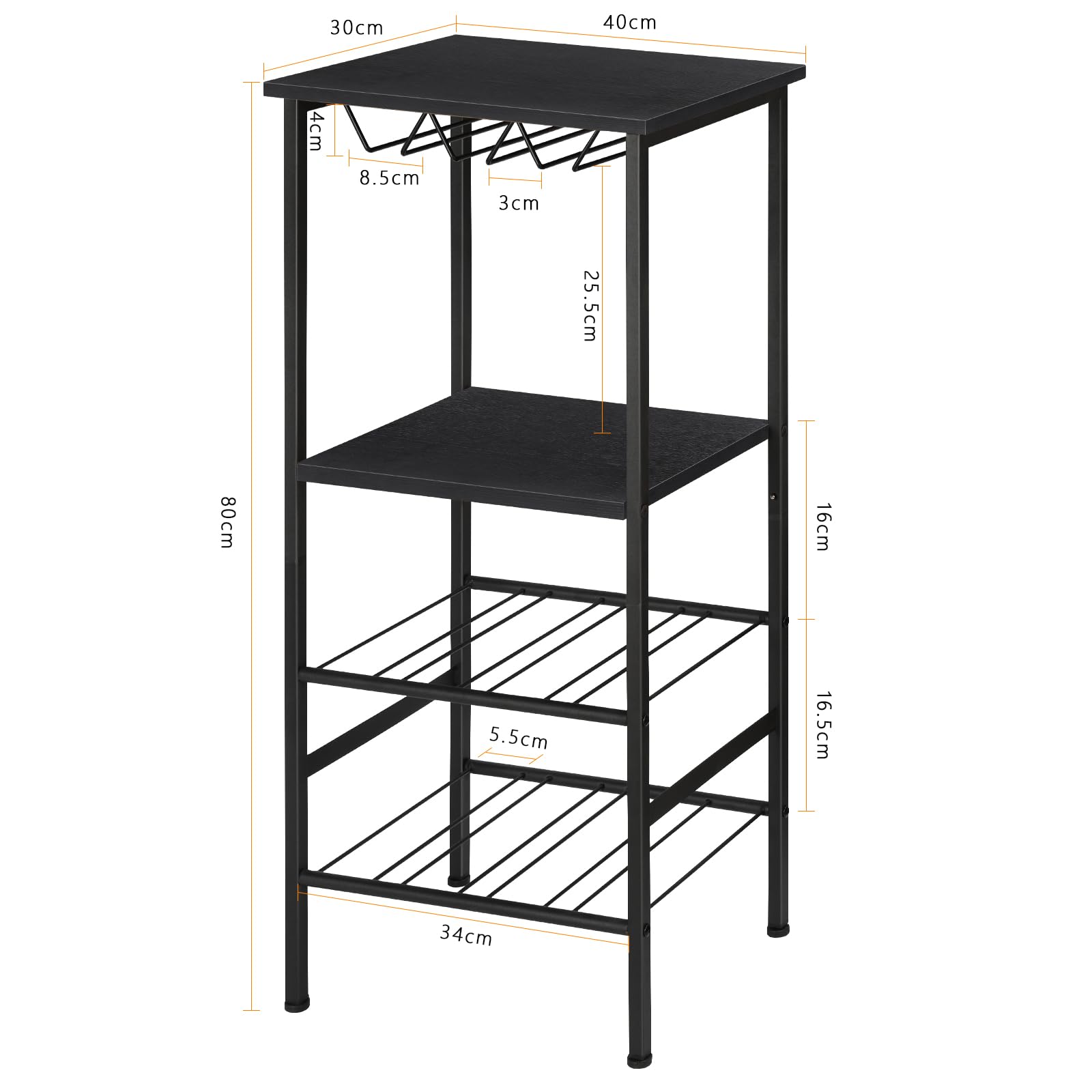 smusei Weinregal Schmal 4-Stufig Wine Rack Freistehend Weinregal Metall Vintage Flaschenregal Fasst 9 Weingläser 8 Weinflaschen Weinständer 80x40x30CM für Küche Bar Weinkeller (Schwarz)