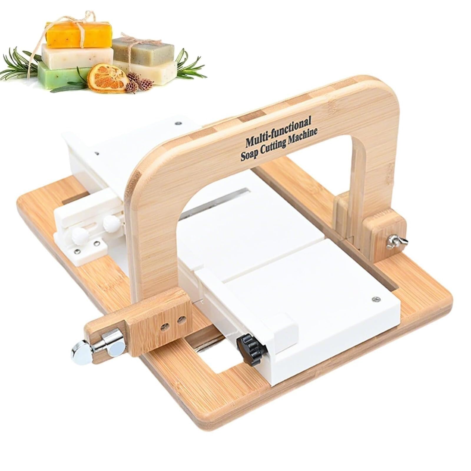 Cortador de jabón de bambú – Grosor ajustable con borde chaflán y 4 cuchillos de modelado para jabón DIY, queso y mantequilla – Herramienta profesional