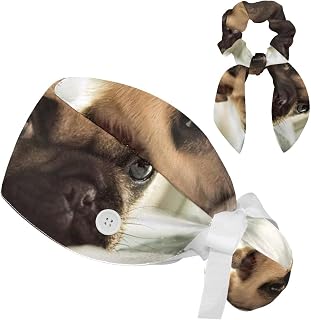 FVQL 2 Pieces Surgical Cap for Long Hair Scrub Cap with Hairband Nurse Cap, Dog