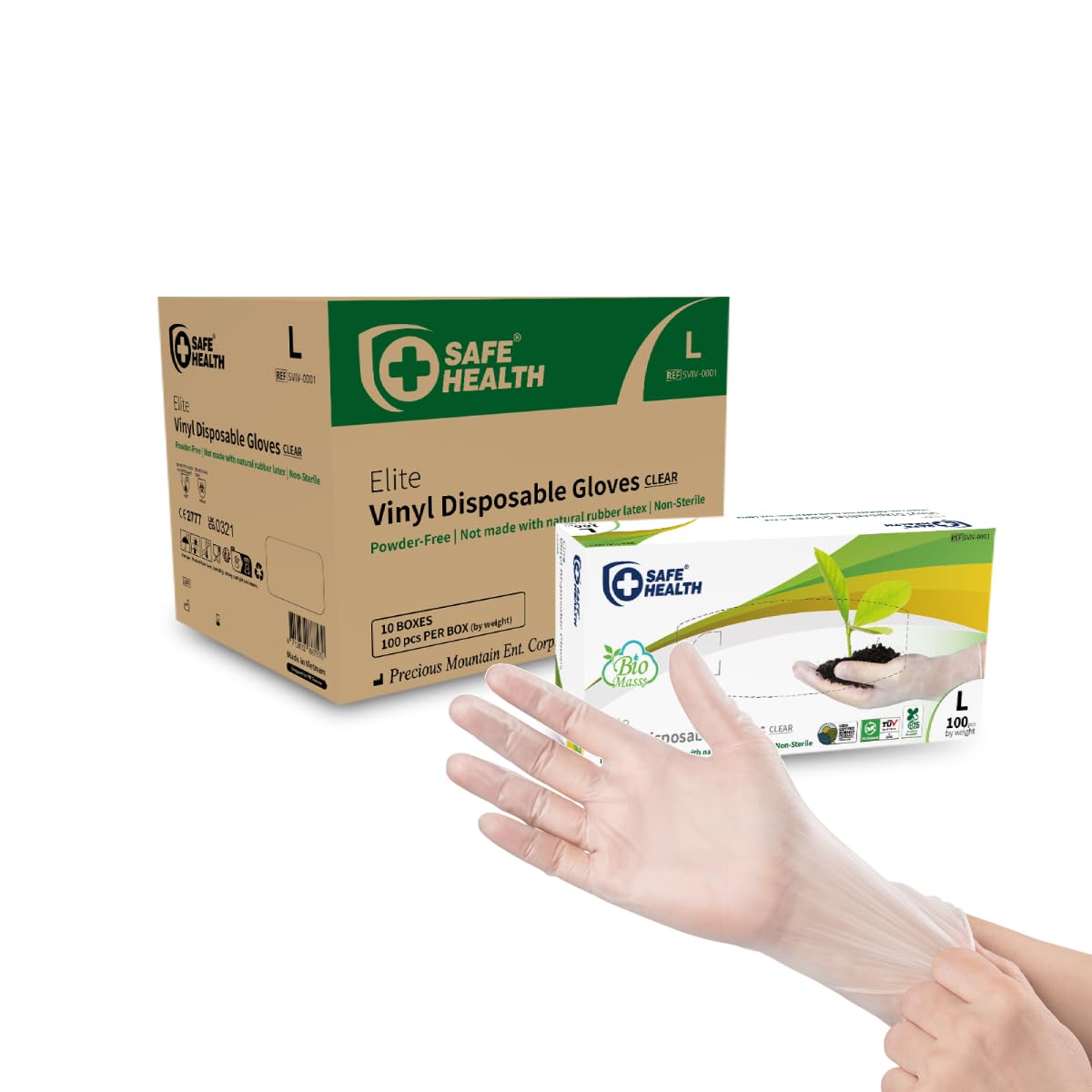 Safe Health Biomass Eco-Friendly Vinyl Disposable Gloves, USDA Certified Biobased Product, Latex Free, Powder Free, Clear, Case of 1000, Large, 3 mil