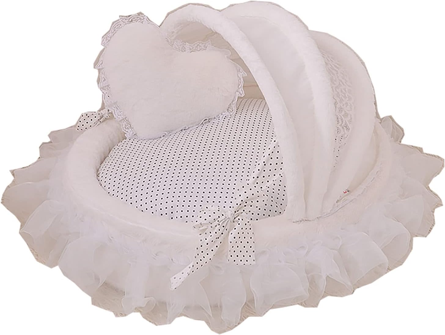 Handmade Princess Pet Dog Cat Bed House Sofa Bed Indoor Cushion Mat for Small Dog Puppy Washable Cover Removable Sweet (White+Flowers)