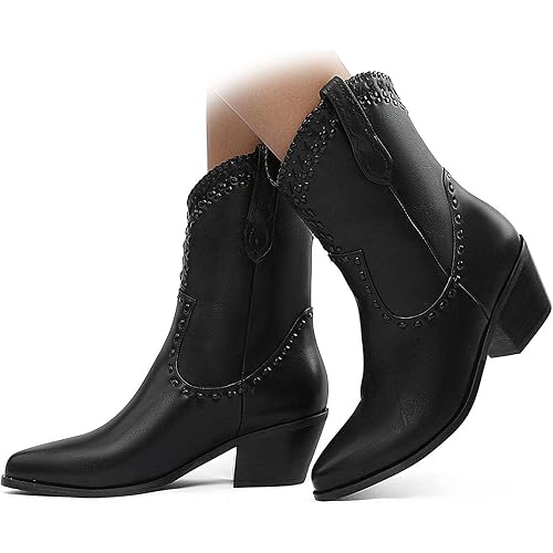 KaroNairy Short Cowboy Boots for Women Stacked Heel Cowgirl Boots Almond Toe Western Stitched Ankle Boots