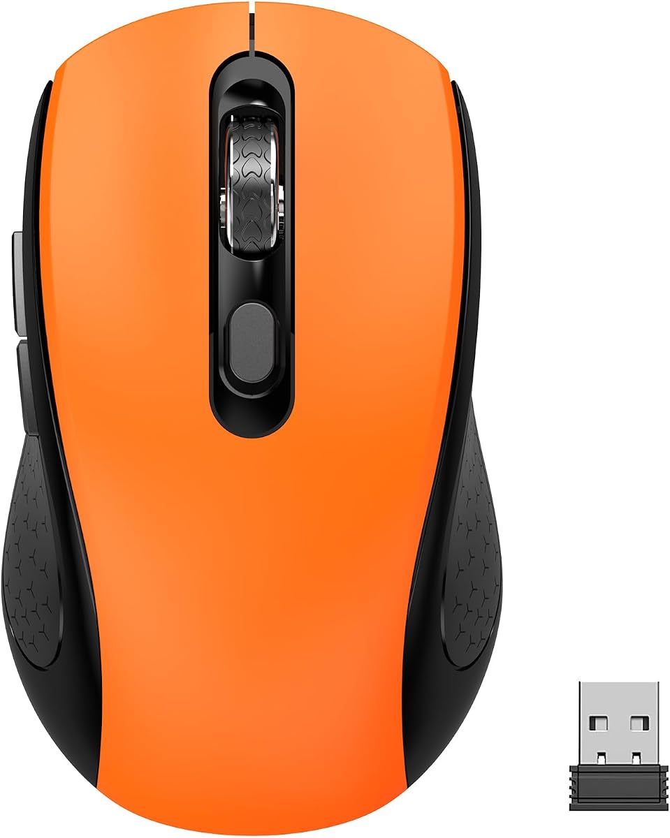 Ergonomic 6 Button Silent Wireless Side Key Mouse OrangeNo Light | 1000/1600/2400 DPI, anti-slip roller, USB nano receiver, compatible with Laptop, PC, Chromebook, Mac & MacBook