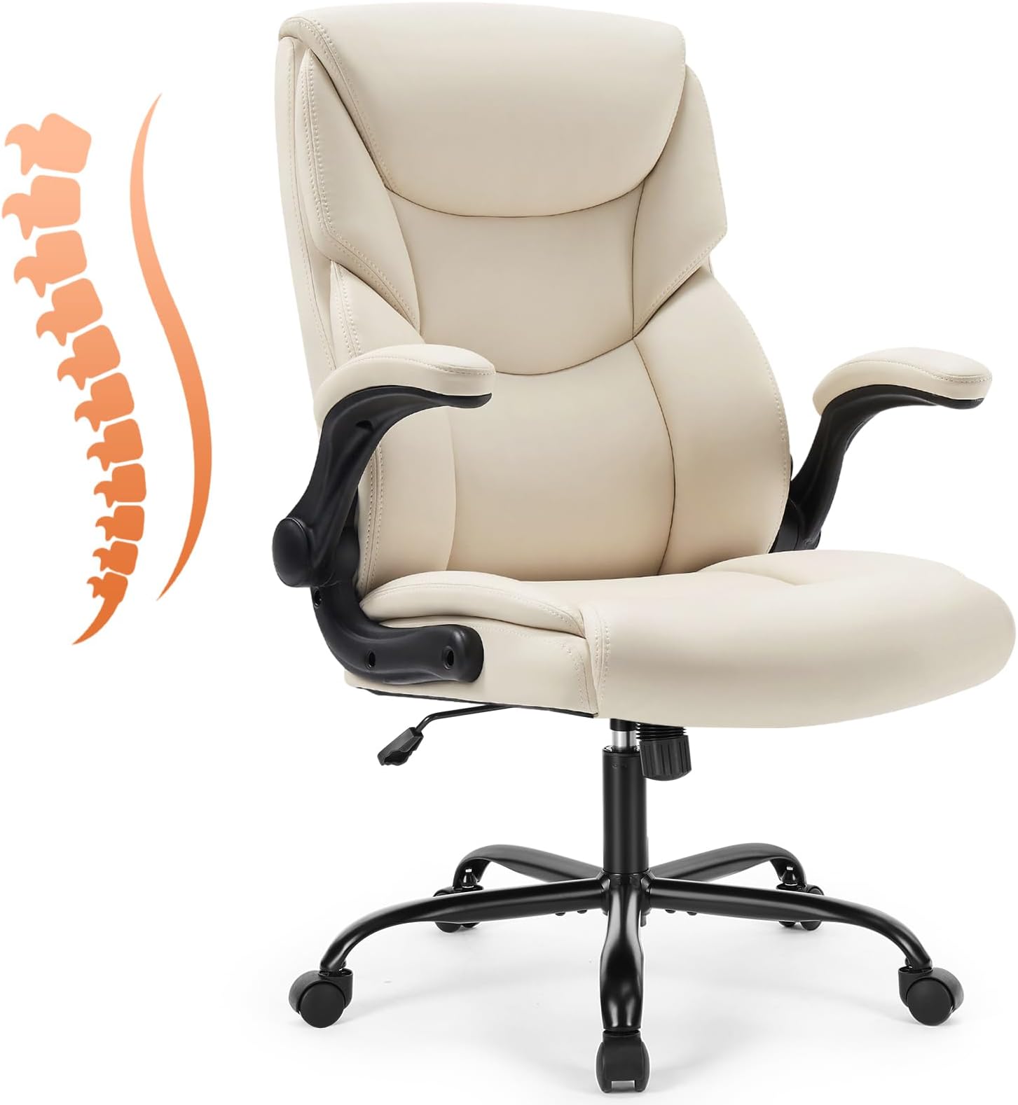 Sweetcrispy Computer Gaming Chair, Ergonomic High Back Heavy Duty Task Desk Office Chairs with Wheels, Flip-up Arms, Adjustable Height, PU Leather, Cream