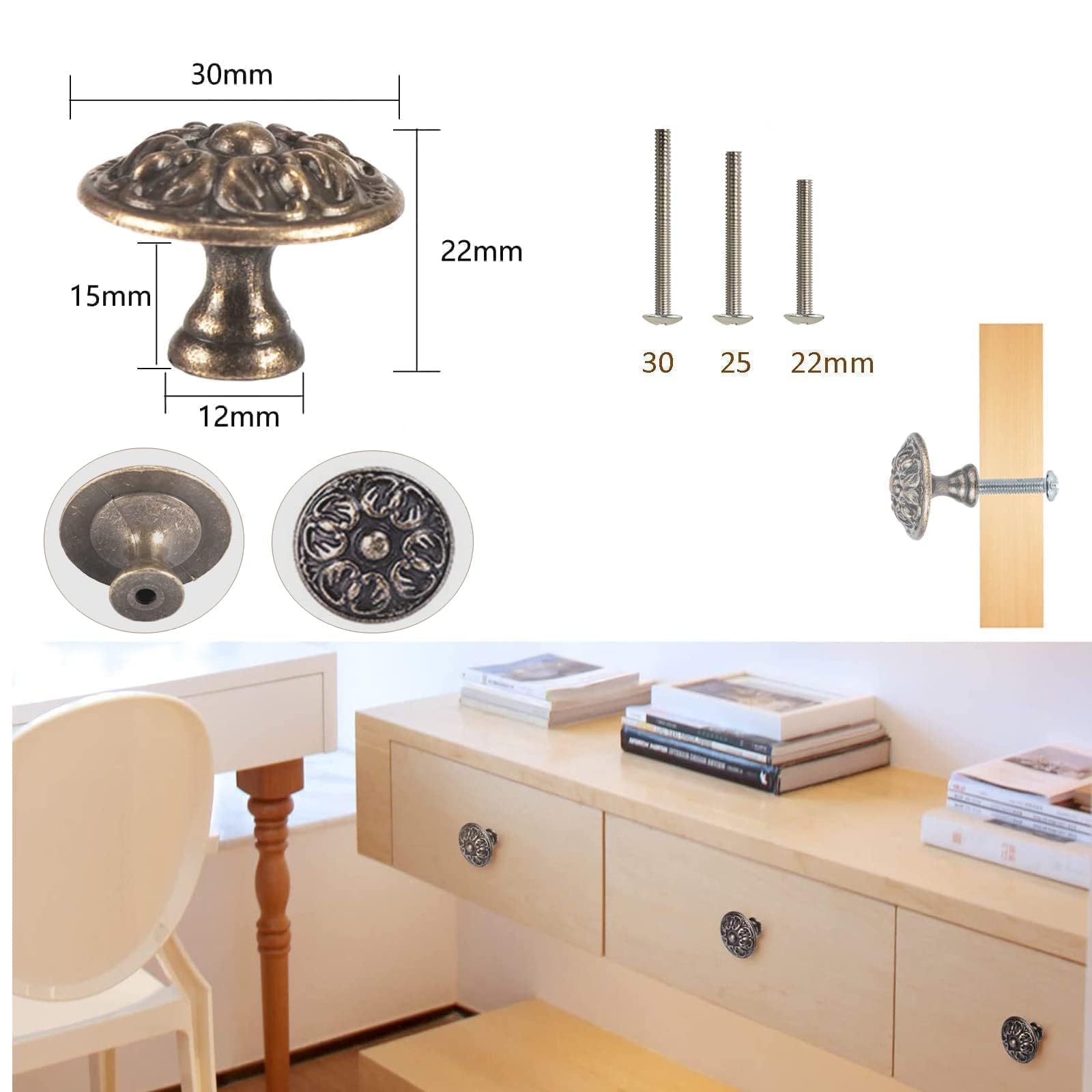 YnewL 12 stuks vintage meubelgrepen, 30 mm, ronde meubelknoppen met schroeven, schroevendraaier, bloemenpatroon, kastknoppen, wordt gebruikt voor kasten, kledingkasten, meubels en hardware-handgrepen