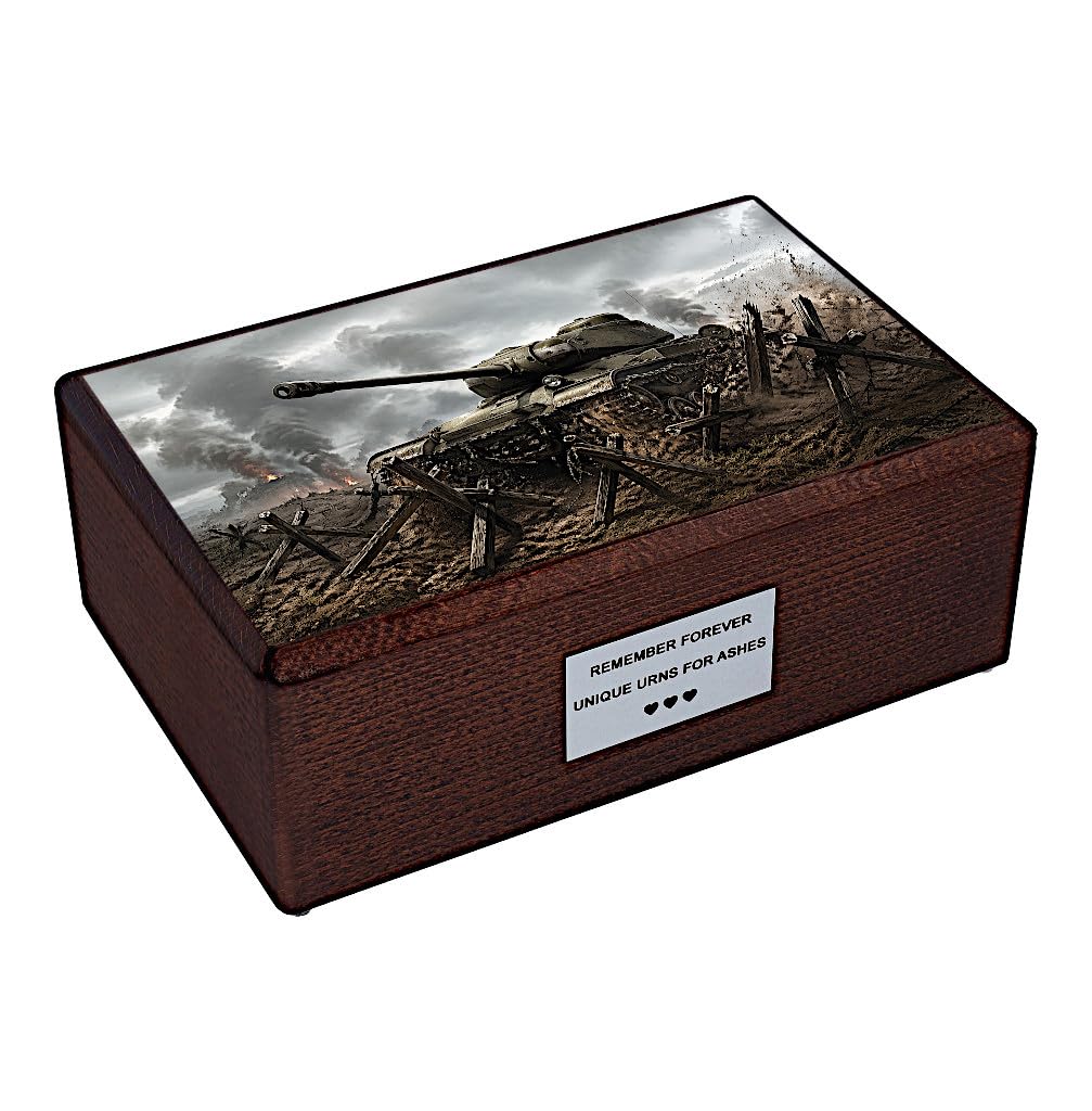 Military Tank Cremation Urn for Adult Human Ashes, Solid Wood Memorial Tribute for Veterans