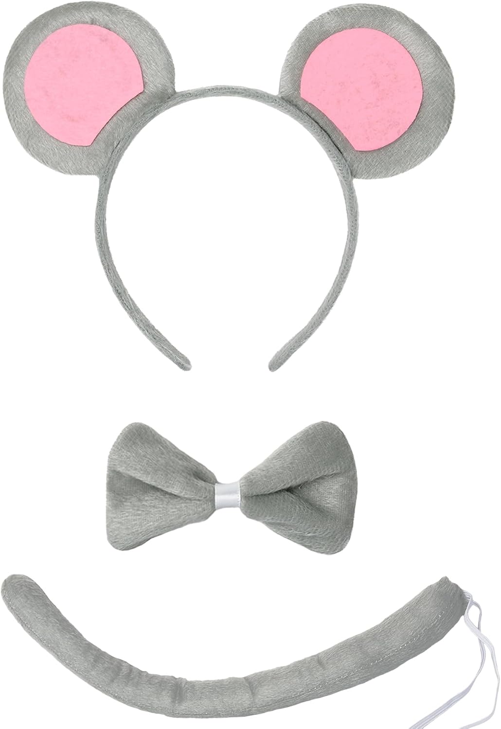 3 Pcs Mouse Ears Headband Costume Accessories Set,Grey Pink Rat Ears Headband/Bow Tie/Tail for Adults Women