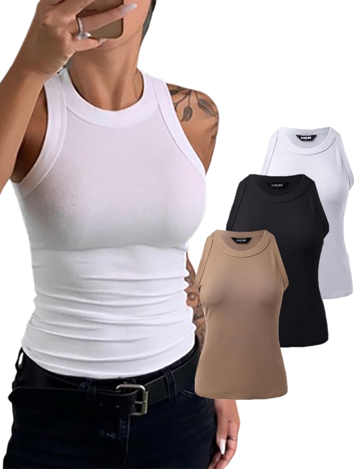 CHICME 3 Piece Womens Tank Tops Sleeveless Basic Cami Shirt Slim Knit Ribbed Racerback Blouses