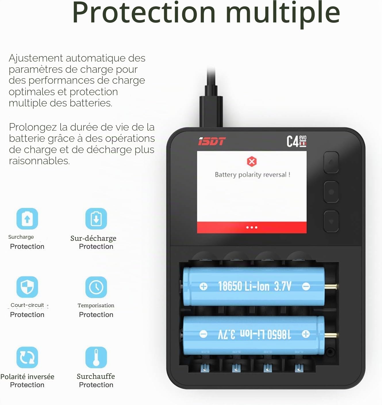ISDT C4EVO Chargeur de Batterie Intelligent Piles 6 Slot Automatique avec Charge Affichage LCD pour Ni-MH Ni-CD AA AAA SC, Li-ION 18650 26650 26500 22650 18490 17500 17355 Dispositifs de sécurité