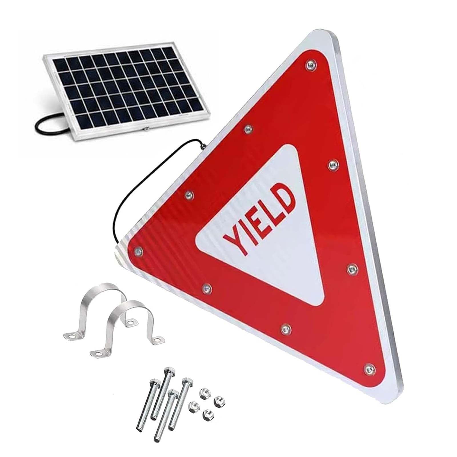 QFGain Solar Powered YIELD Sign with Ultra Bright LED, Heavy Duty Rustproof Aluminum Pedestrian Warning Sign, Day/Night Auto Sensor for Crosswalk Traffic Control
