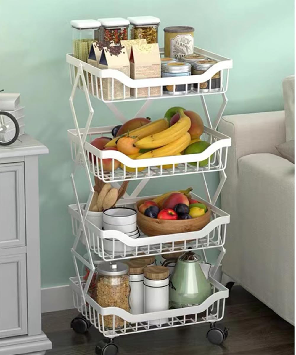 Storage Basket Rack with Wheels, 3Tier 4 Tier 5 Tier Kitchen Folding Fruit Vegetable Basket Stand, Multifunctional Metal Storage Shelf Utility Saving Space Storage Cart Organizer Cart (white, 4 Tiers)