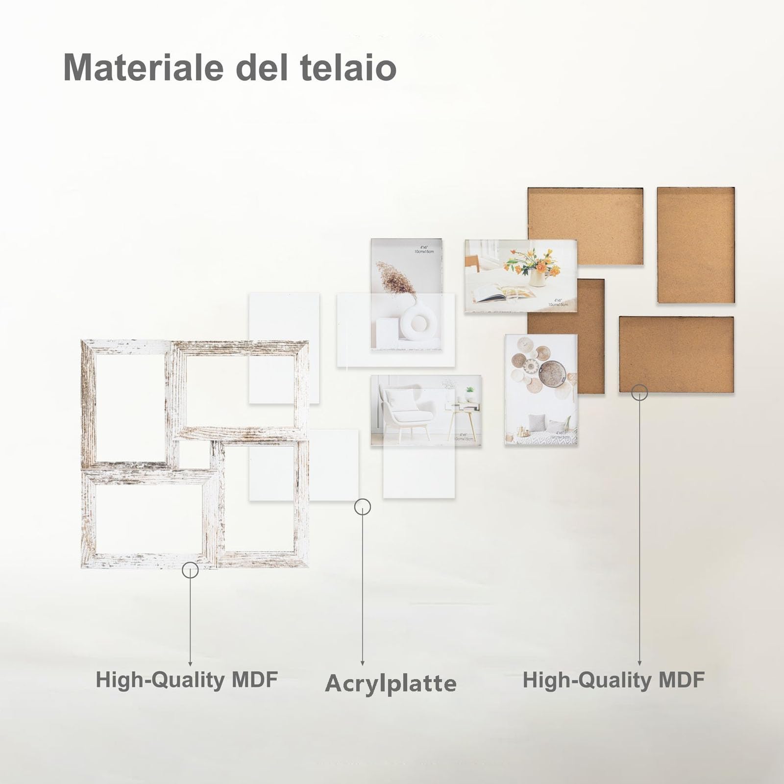 Tutee Cornice Per Foto, Robusta Cornice in Legno MDF, Cornici Foto Multiple da Parete, Portafoto da Parete Multiplo, Decorazioni Murali, Cornici 10x15cm 4PZ (Bianco)
