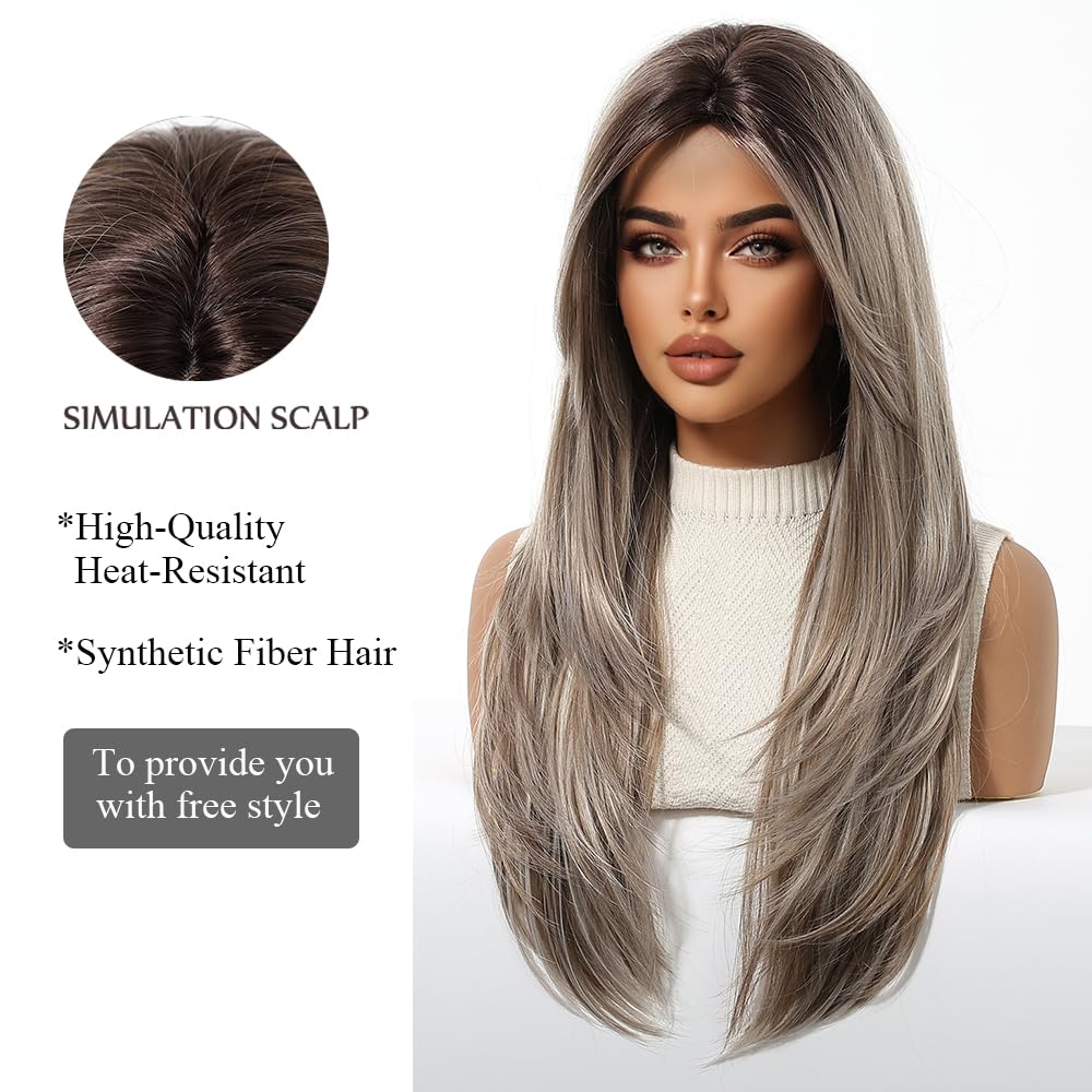 OUFEI Ash Blonde Wigs for Women with Fringe Long Natural Straight Synthetic Hair Heat Resistant Wigs for Daily Party Cosplay Wear - Image 3