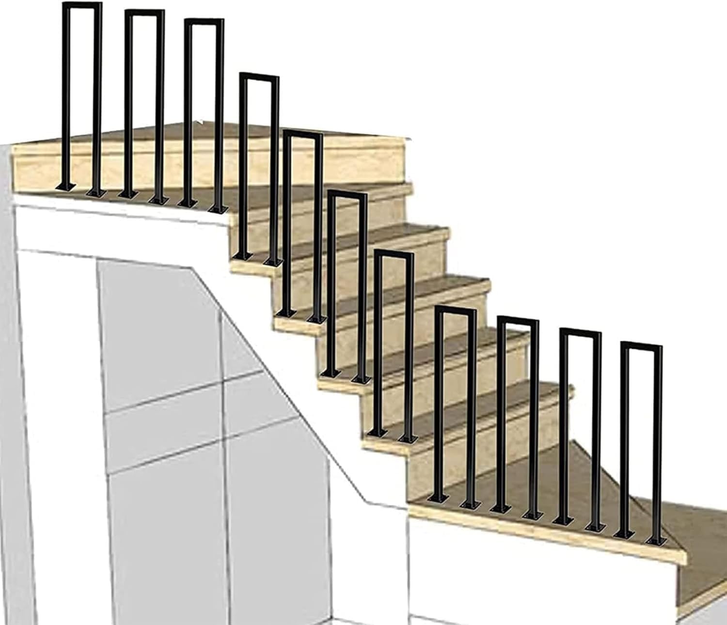Black U-Shaped Stairs Handrail,Stair Railing Outdoor,1.1/1.4/1.8/2.1/2.4/2.7/2.9/3.1/3.3FT Non-Slip Hand Rail Guardrail,for Stairs Villa, Garden, Loft Support Bar(55CM/1.8FT)