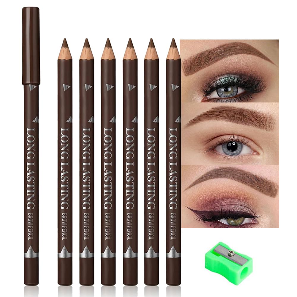 FeiCuiYun 6Pcs Eyebrow Pencils for Women, Wooden Hard-Core Brown Eyebrow and Eyeliner Pencil, Long Lasting Waterproof and Sweat-Proof, Beginner Makeup