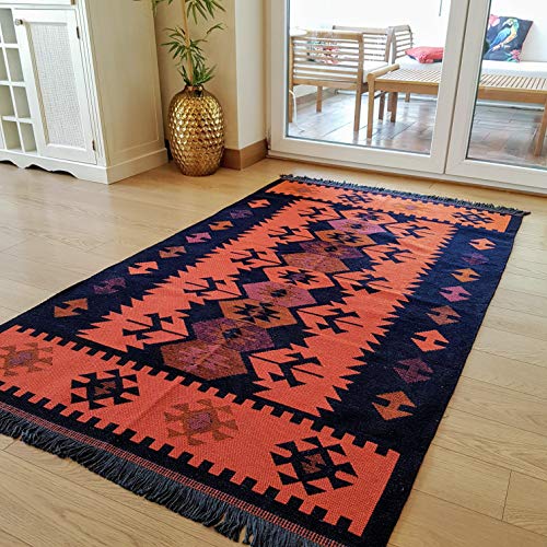 Secret Sea Collection Modern Bohemian Style Area Rug, 5' X 8' Ft, (60'' X 100''), Cotton, Washable, Reversible (Black-Orange) #TOP13