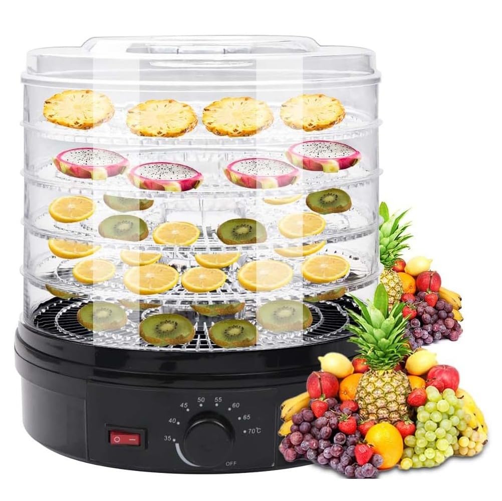 TYQMYSM Food Dehydrator Machine, 5 Stackable Trays,35-70°C Adjustable Temp, Circulating Hot Air for Fruit Meat Herb Seafood