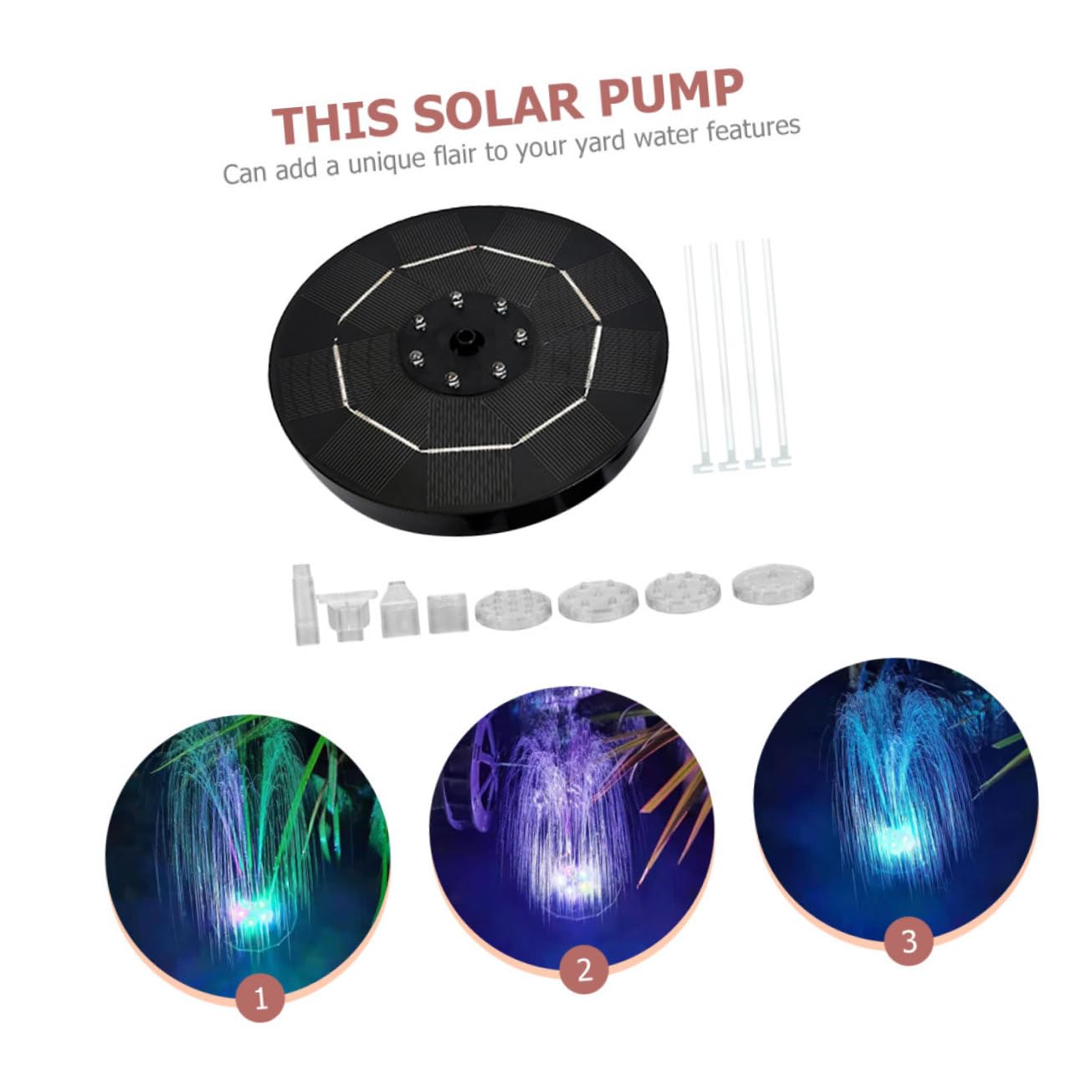 Pompa Fontana Solare 3, 5w LED Colorati per Vasca Uccelli | Nero, Plastico e Pannello Solare, Batteria Ricaricabile 1800mah, Getto Massimo 60cm
