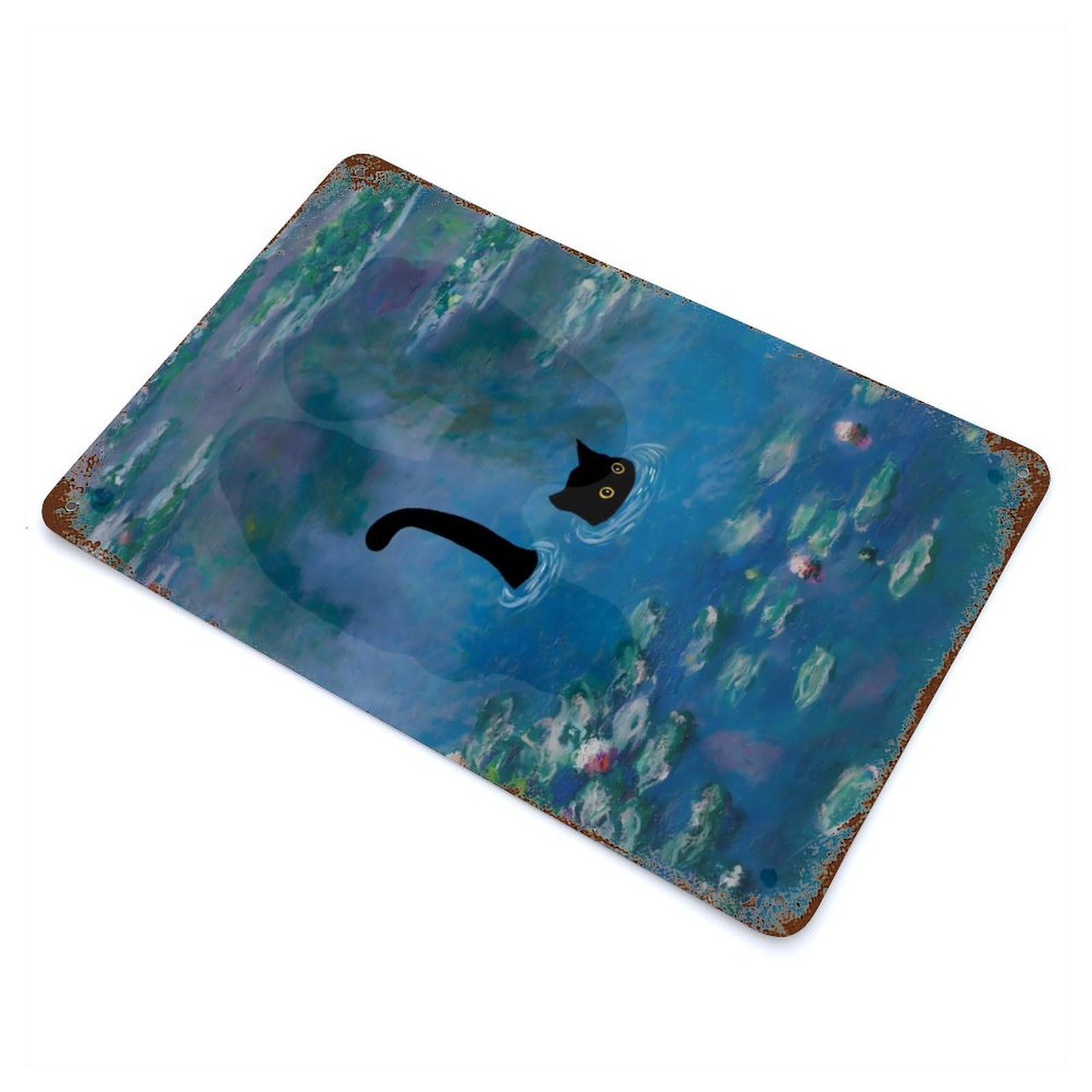 Monet Cat Waterlilies Rustic Tin Plaque 11.8"x7.9", for Living Room, Hallway And Home Decor, Decorative Metal Wall Art