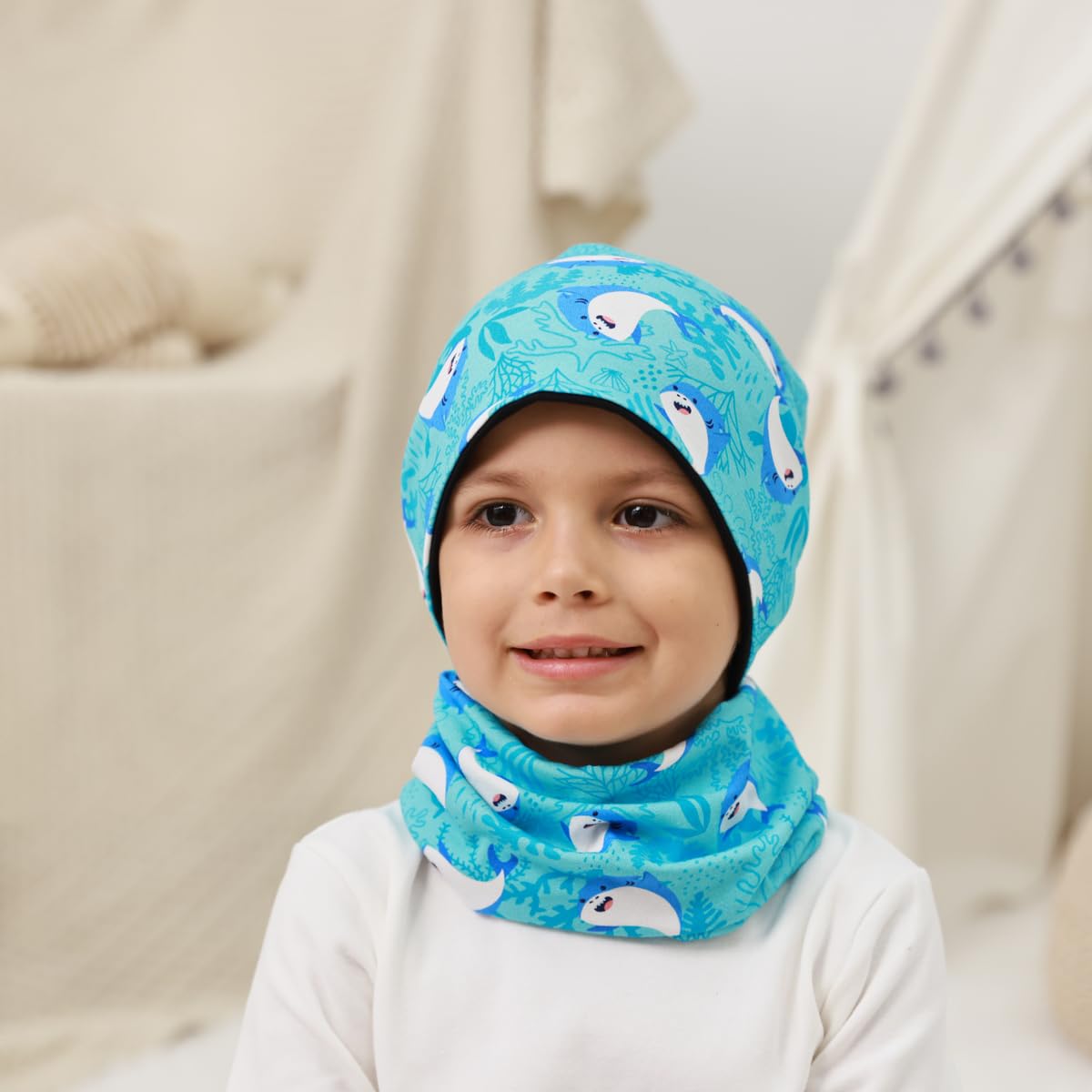 MAKFORT Dziecięca czapka beanie, szalik, szal kominowy, zestaw z bawełny, szal dla chłopców i dziewczynek, na jesień, wiosnę, zimę