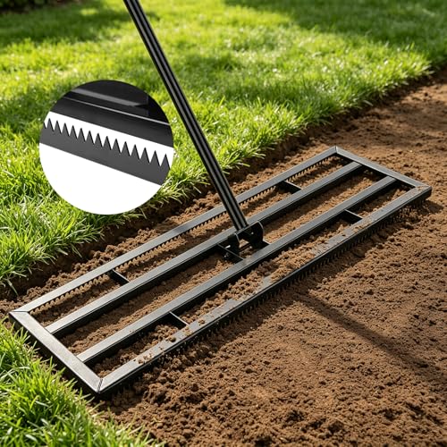Râteau Nivellement Gazon 115x25cm Rateau de Nivellement de Pelouse avec 199cm Poignée Réglable et Surface Dentelée Raclette de Gazon Niveleur pour Jardin,...