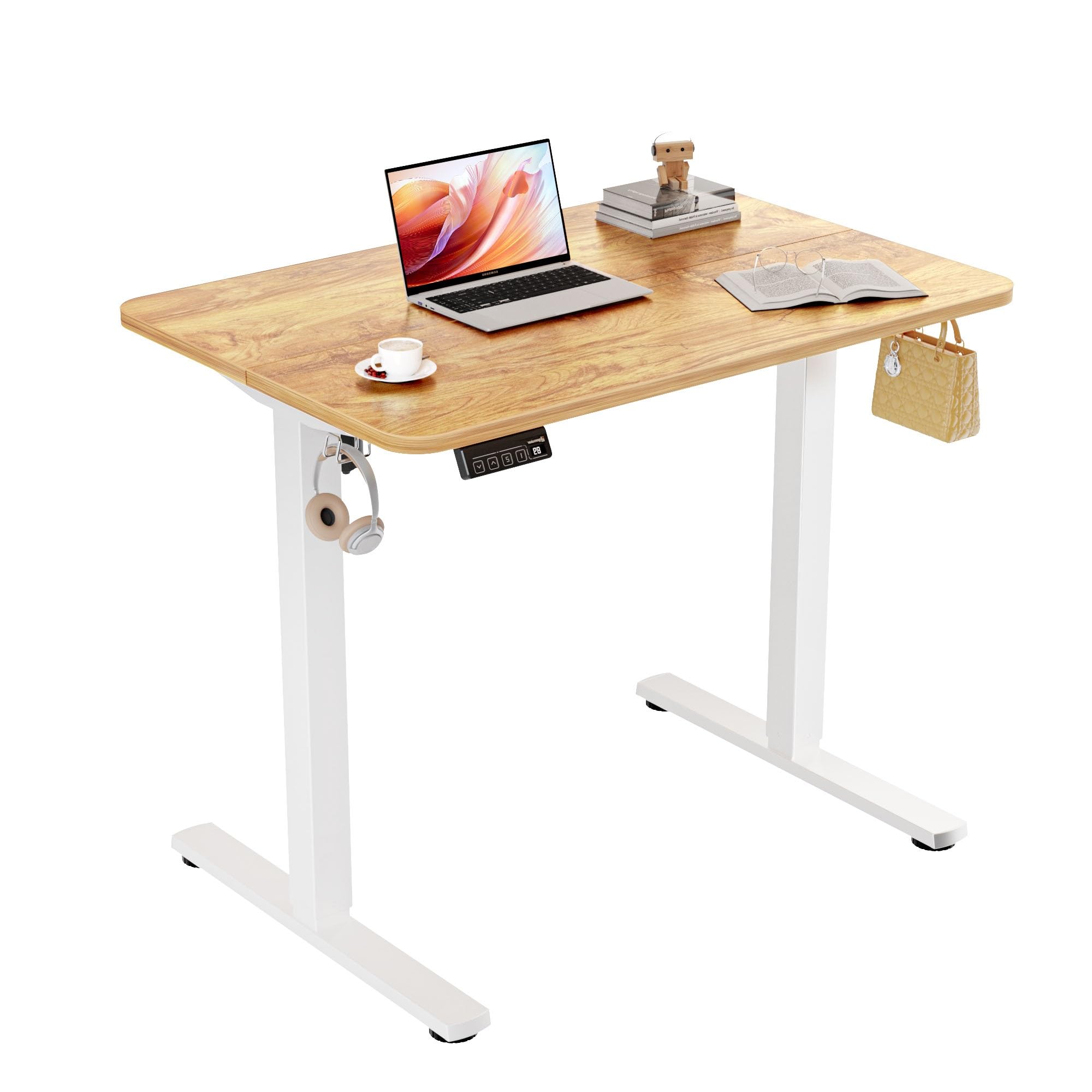 ERGOMAKER Electric Standing Desk 90x60cm, Height Adjustable Sit Stand Desk with Memory Handset Hooks for Home Office(Light Rustic Brown)