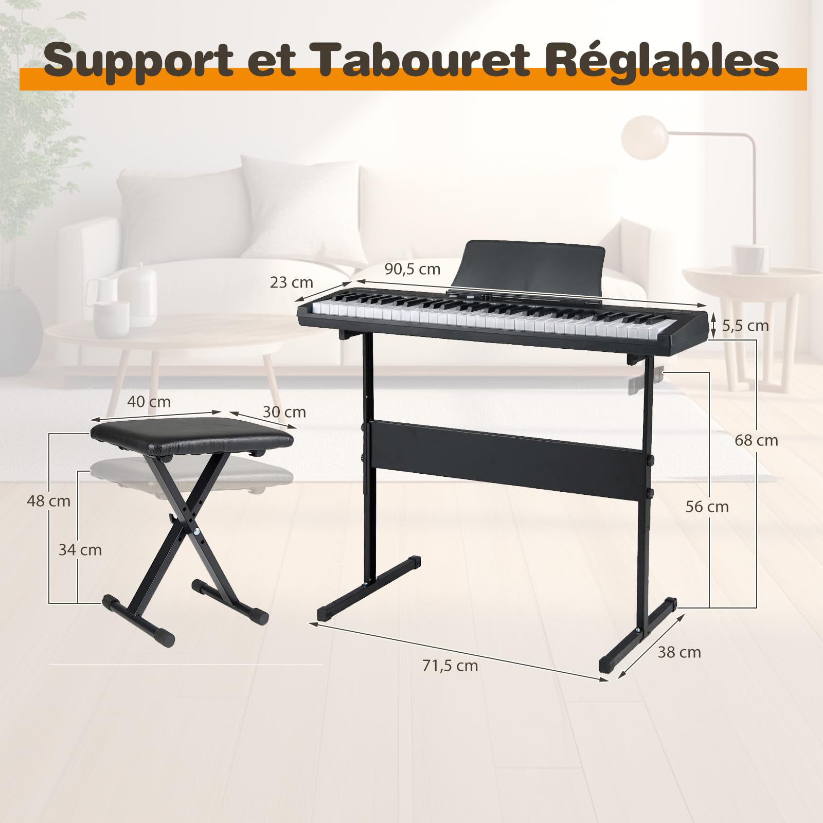 COSTWAY Piano Numérique 61 Touches avec Tabouret et Support Réglable, Clavier Piano Taille Complète avec Casque, Pupitre, Pédale de Sustain, Fonction MIDI, 128 Sons 128 Rythmes pour Débutants