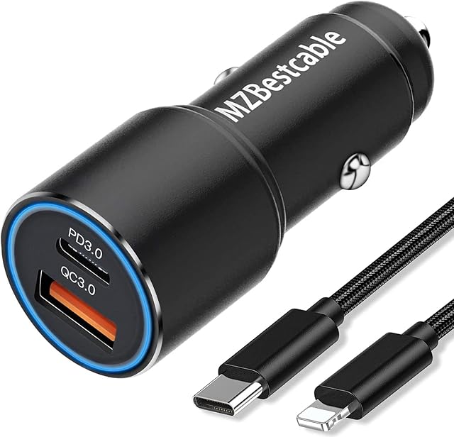 38W USB C Car Charger Adapter and Cable for iPhone 11 12/13 14 Pro/14 Pro Max/13 Mini/SE 2020 2022 XR XS X 8 7/8 Plus XS Max, PD 3.0 & Quick Charge 3.0,Dual Port Fast Charging Cigarette Lighter Plug