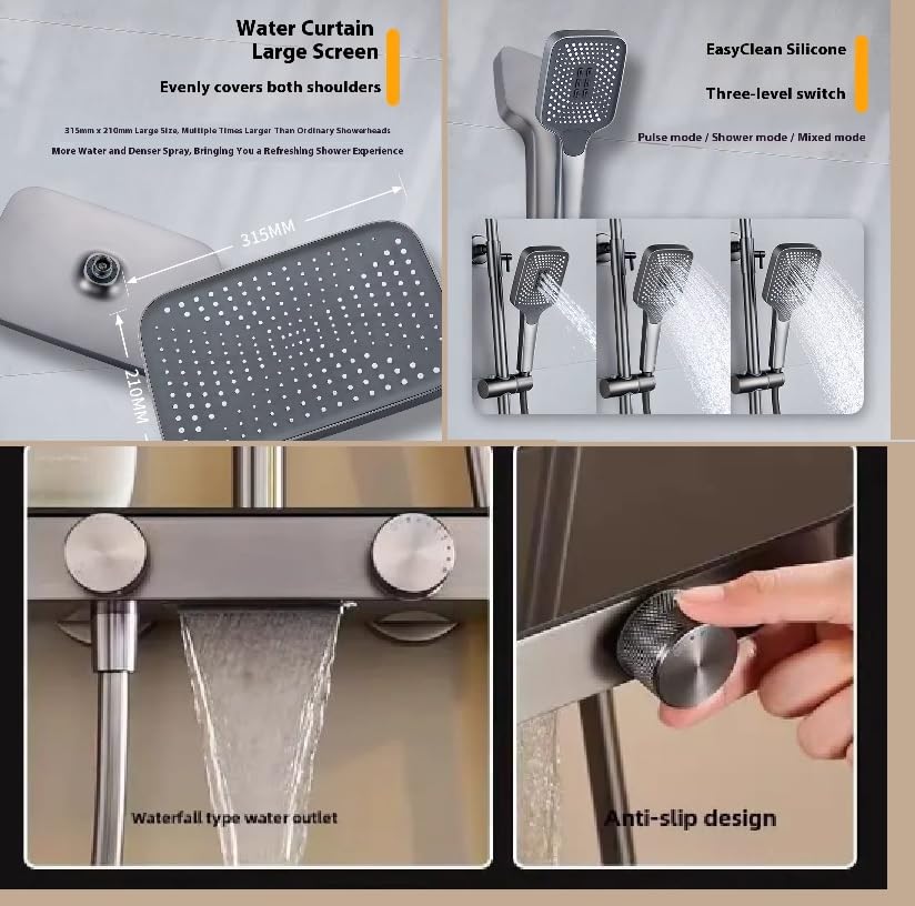 Image of X-XONIER Luxury Shower System, 3-in-1, Dazzling Large Overhead RainFall and 3 Way Multifunction Hand Held shower, Hot and Cold Mixer set, Mixer Hidden Tub Spout, Panel Gray (gray)