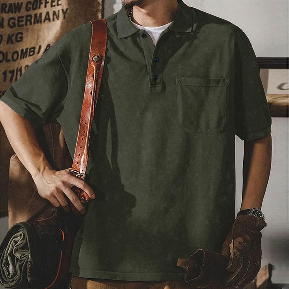 Mens Vintage Button Polo Shirts Turn-Down Collar Short Sleeve Solid Casual Retro Summer Men T-Shirt with Pocket - Image 2