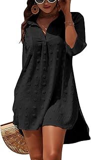 Beach Dress Women's Bikini Cover Up V-Neck Cotton Beach Tunic Summer Pareos Button…