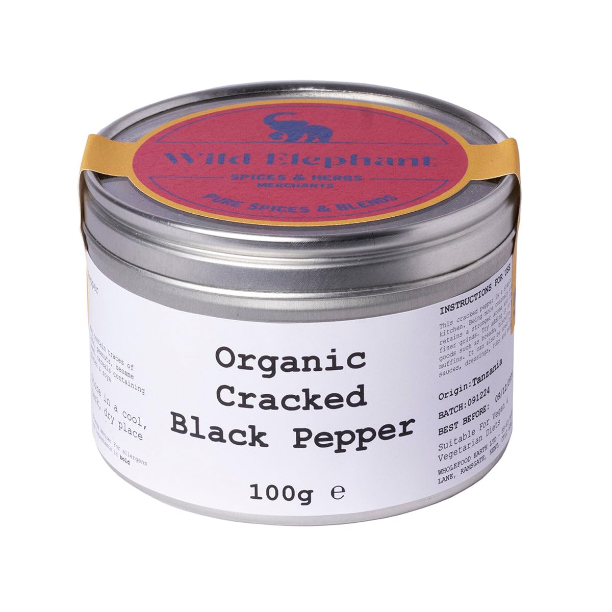 Wild Elephant Organic Cracked Black Pepper 100g - Coarse Ground Peppercorns, No Fillers - For Steaks, Salads & Seasoning - Packed in UK