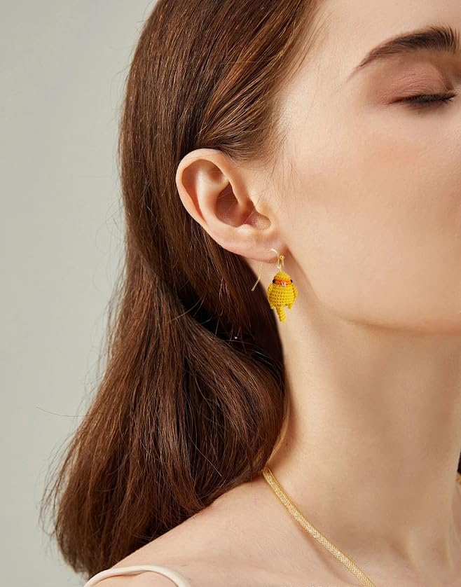 Hand-crocheted yellow and blue parrot earrings, miniature crocheted artistic cute playful parrot gifts accessories - Image 4