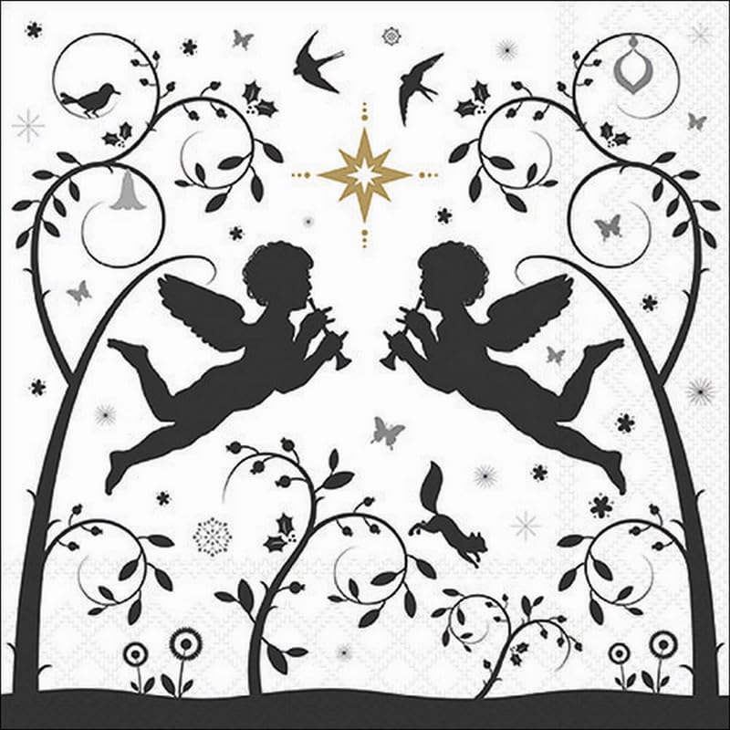 Lot de 20 serviettes de table en papier avec motif d'ange sur des vrilles féeriques - Idéales également pour le découpage et la technique des serviettes - 33 x 33 cm