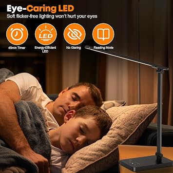Desk Lamp Eye Caring LED Table Lamp Dimmable Bedside Lamp with 2 USB Charging Ports and 10 Brightness Levels x 5 Colour Modes Touch Control Daylight Lamps for Office, Bedside, Reading- Auto Timer