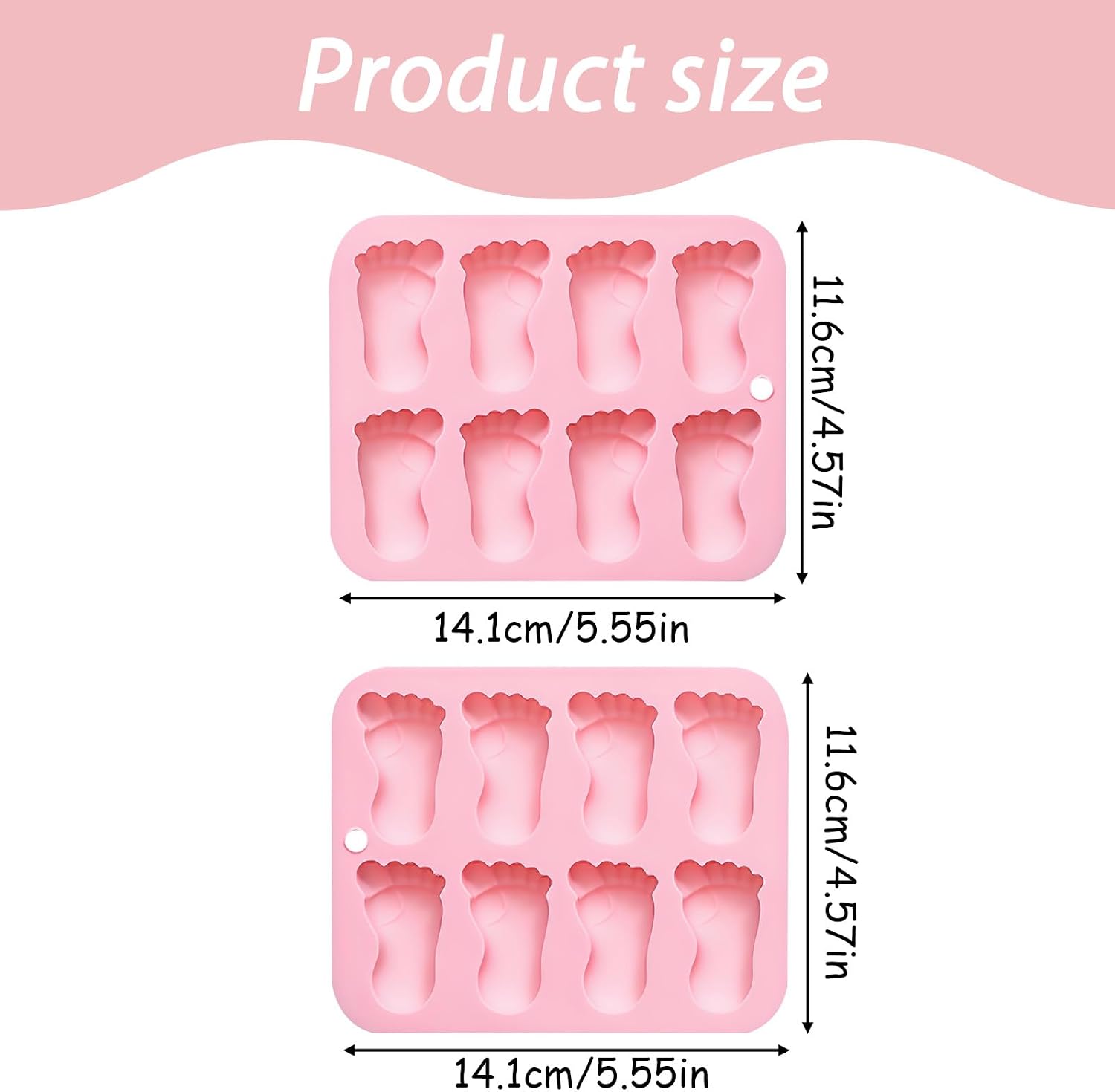 Baby Feet Silicone Mold, 8-Cavity, 14.1x11.6 cm, Pink, 2 Pack