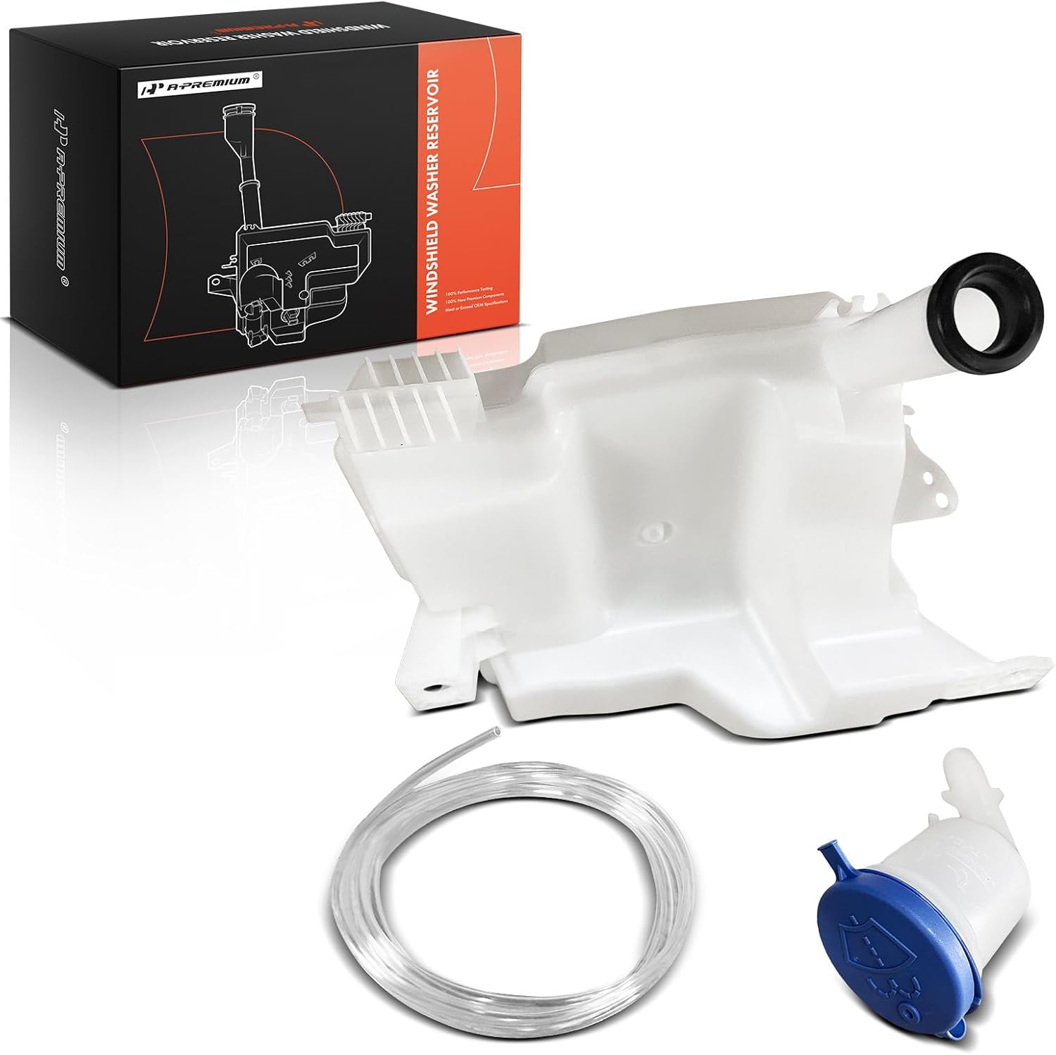 A-Premium Windshield Washer Reservoir Tank Assembly Compatible with Ford Focus 2012-2018 - with Cap & Filler Neck & Washer Pump & Fluid Level Sensor & Hose