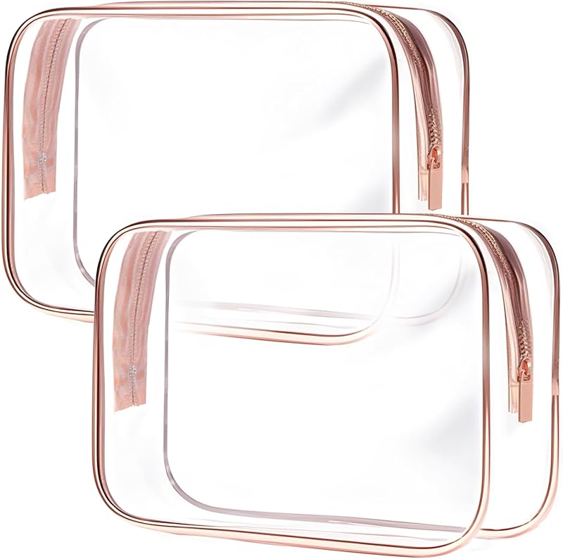 TRODANCE Clear Toiletry Bag, 2 Packs TSA Approved Water resistant Travel Organizer, Airport Airline Travel Essential Carry On Makeup Cosmetic Bags for Women, RosePink - 2 packs
